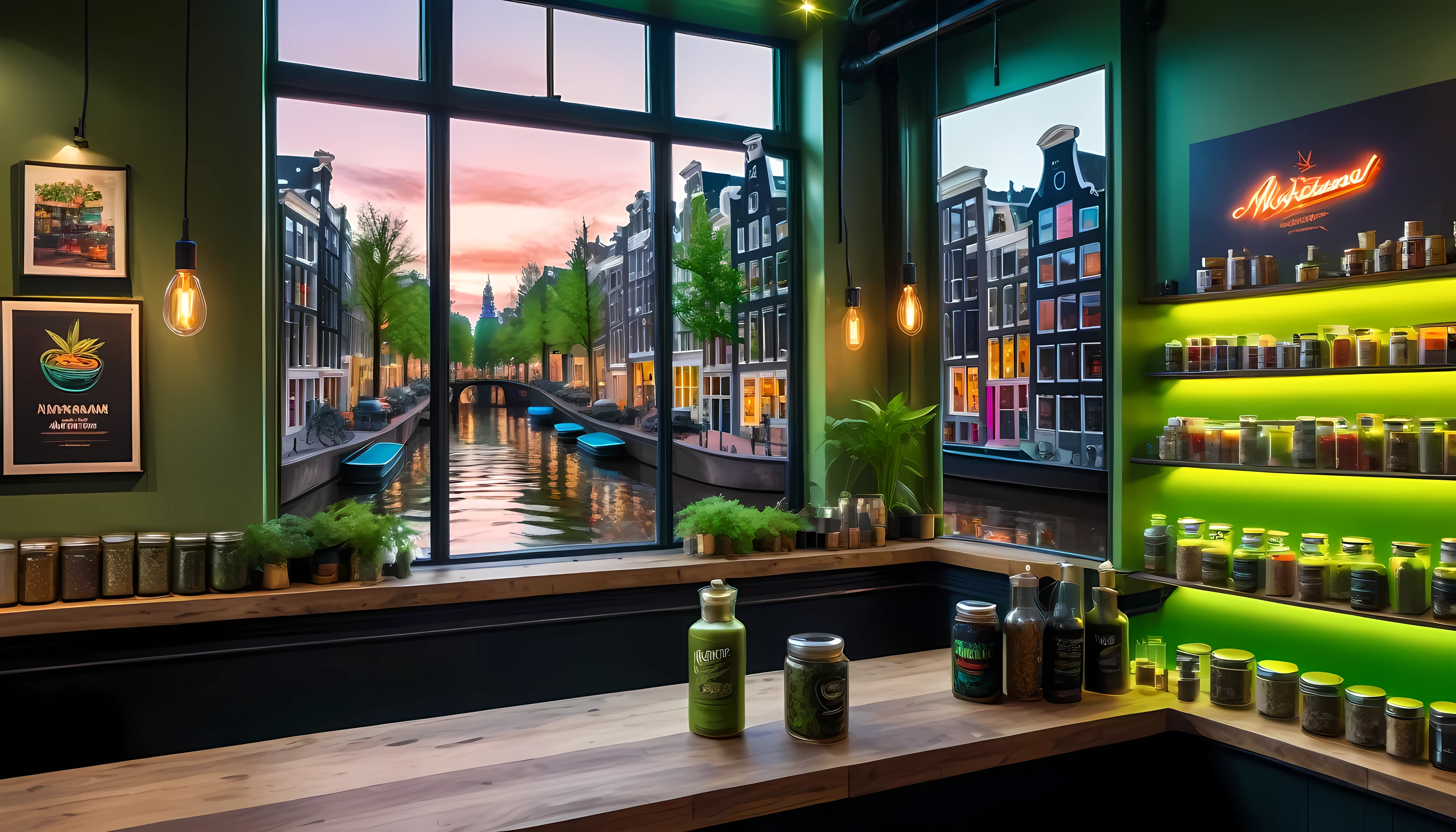 a wide view of amsterdam canal in a wide oversize large window in a cozy Amsterdam coffee shop, Jars of marijuana products behind counter, wide oversize large windows overlooking large canal, lots of neon lighting, abstract art on walls, detailed foreground, photorealistic, masterpiece, ultra-detailed, 8k, neutral wall colors