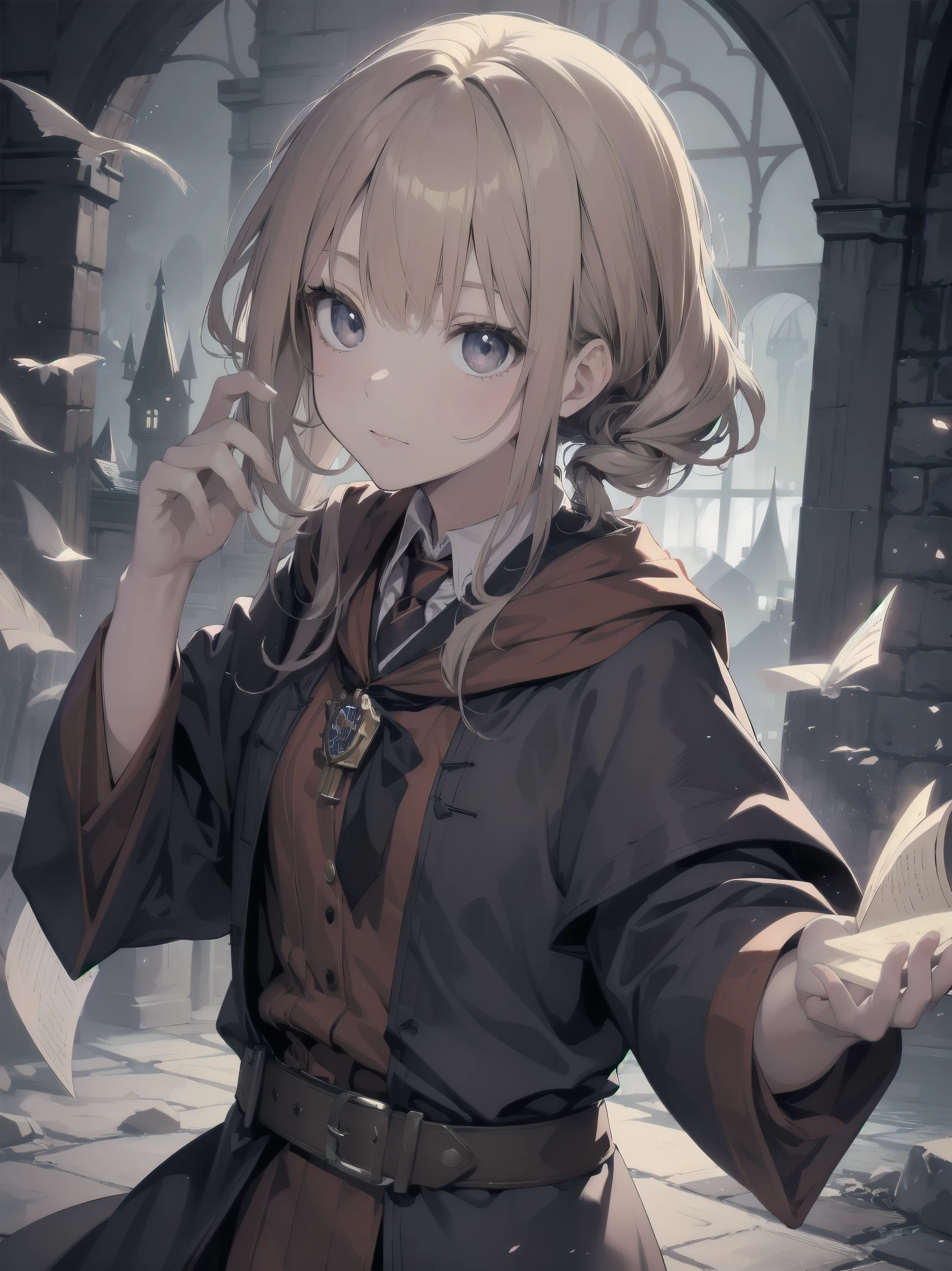 Masterpiece, Top Quality, Absurd, High Resolution, Subject Seismic, Animation Style Illustration with Mock Pause, 1 Girl, Solo, Cute random hairstyle, beautiful random expression and face, random age, slender, random clothing for situation,wizard robes, wand, magical castle, owl, spell book, (Hogwarts: 1.2), magic, wonder, (Harry Potter inspired: 1.3), mysterious atmosphere, details