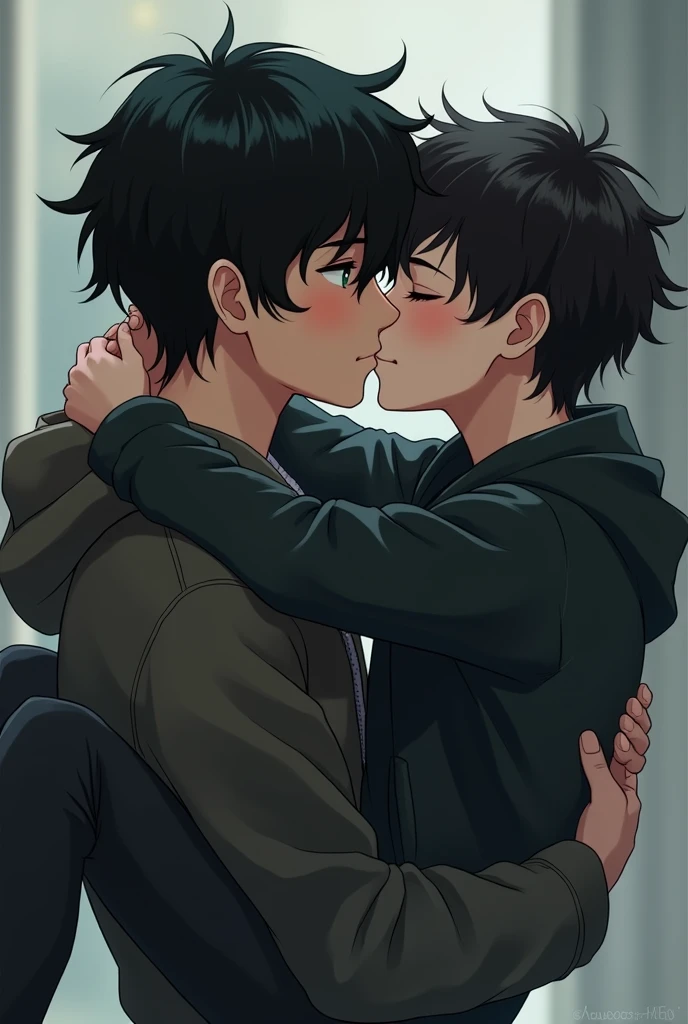 Boy with hood on, black hair and green eyes kissing another with black cap, black eyes, black hair and light skin while he carries it