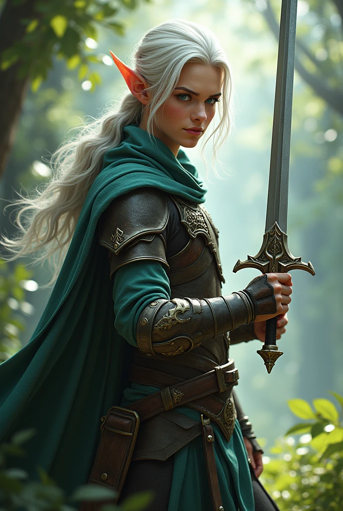 Male Elf Warrior, blue eyes and white hair; young looking. full body with a sword in hand
