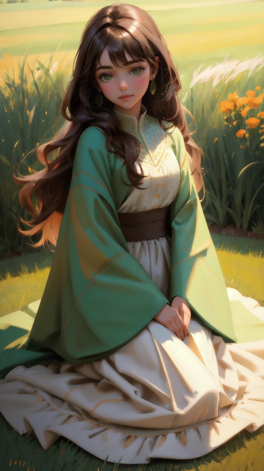 "Create an image of a beautiful, cute girl character made of soft green grass, kneeling and gently embracing the Earth. She should be positioned on a 'Rug-Pull-Proof Carpet,' with the background in a rich brown tone to create a warm and earthy atmosphere, contrasting with the green elements.
