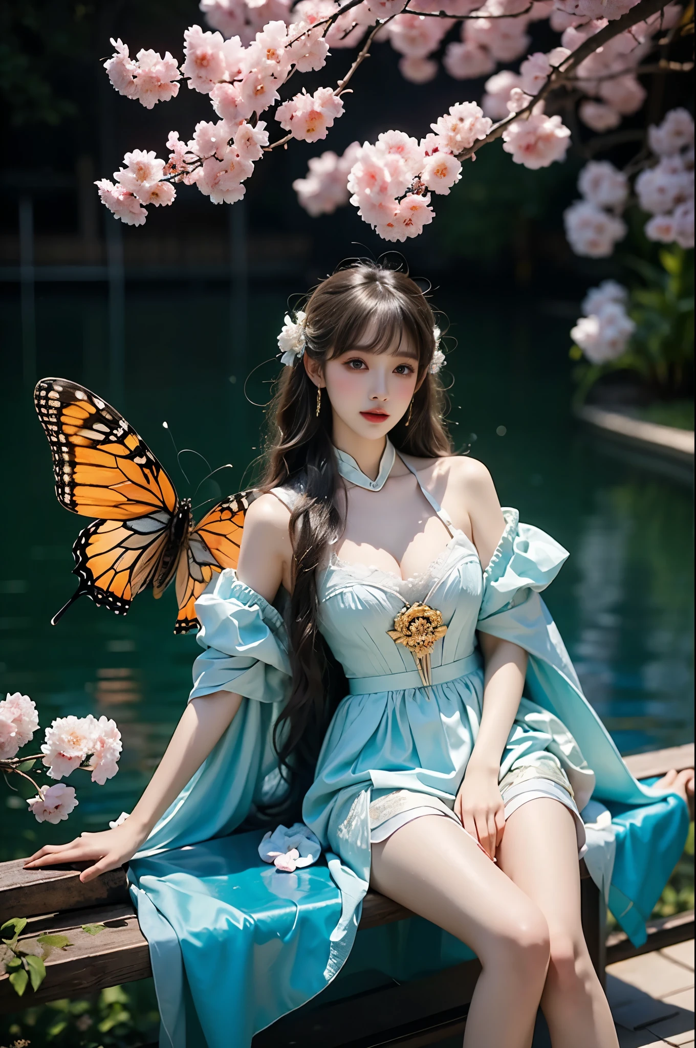 Beautiful dance, She gently lifted her skirt with one hand, Long legs , In the swimming pool, ((Flowing long hair))Official Art , Unity8k Wallpaper , Extremely detailed , Visible cleavage, Pretty and beautiful , 性感Long legs, masterpiece , best quality ,Practical, Very detailed illustrations ,Extremely detailed , Intricate details , Extremely complex and detailed , Very detailed 8KCG wallpaper , Caustics .reflection , Ray Tracing , Devil theme ,nebula ,Dark aura, Network Effects , (1 girl)solitary , 小蓝Butterfly , There are dozens of monarch butterflies around , (Blue plasma flame , (insect , Butterfly)) Pastel tones in Rococo style ,Light white and light dark red , Incredibly beautiful , Cherry blossoms , Surrealism ,painting , Ethereal , Mixing reality and fantasy elements ,Ray Tracing , Complex Mode , Exquisite lines , Perfect your hands, Starry Sky , rich and colorful , Star