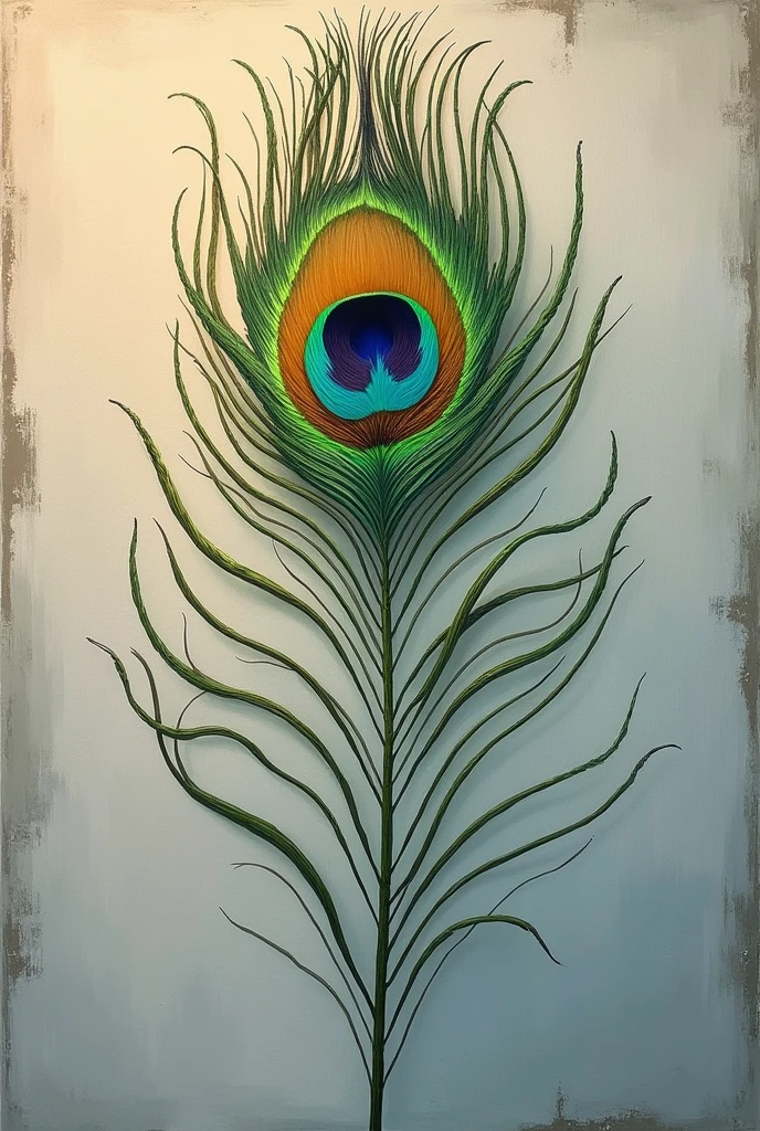 oil paint peacock feather Visible strokes,rough edges,muted colors.Warm lighting neutral backdrop