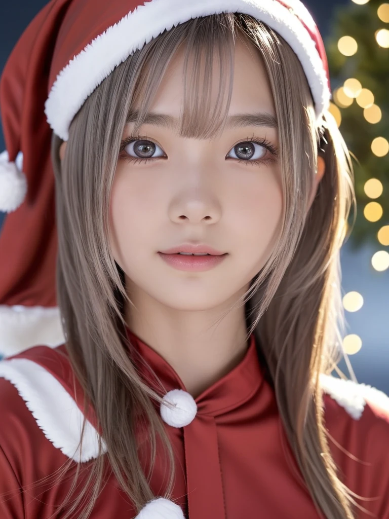 Beautiful attention to detail,Droopy eyes,Beautiful lip detail, Very detailed eyes and face, Long eyelashes, A girl of half Scandinavian and half Japanese descent, Fantasy Characters, (Santa Claus Costume:1.25),smile,short silver hair,Very detailed, Dramatic lighting, Luminous effect, haze, Intricate details, Volumetric lighting, Structure of the film, Ultra-realistic, 8k, Highest quality, masterpiece, Realistic,High-resolution correction,Snowy night town