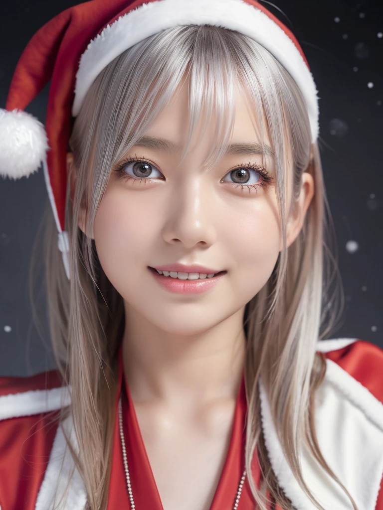 Beautiful attention to detail,Droopy eyes,Beautiful lip detail, Very detailed eyes and face, Long eyelashes, A girl of half Scandinavian and half Japanese descent, Fantasy Characters, (Santa Claus Costume:1.25),smile,short silver hair,Very detailed, Dramatic lighting, Luminous effect, haze, Intricate details, Volumetric lighting, Structure of the film, Ultra-realistic, 8k, Highest quality, masterpiece, Realistic,High-resolution correction,Snowy night town