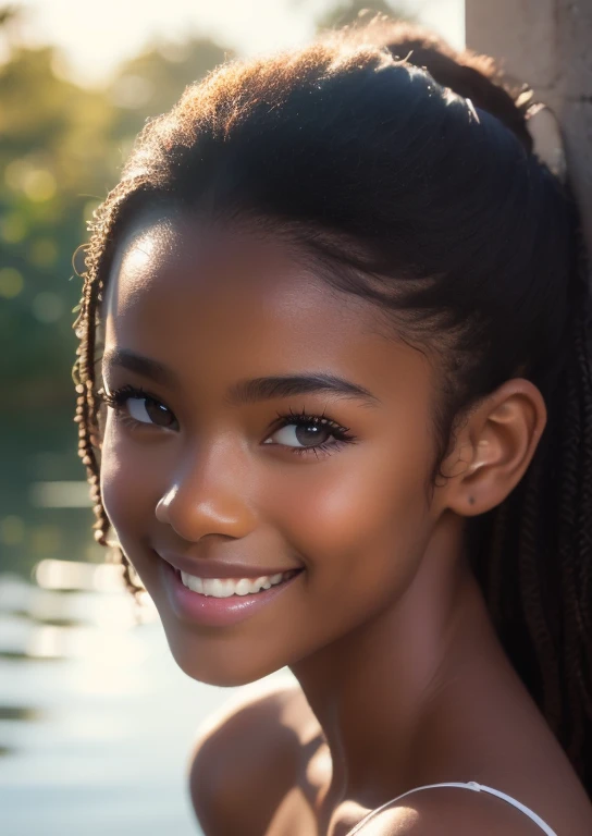 (portrait, editorial photograph) (beautiful black girl), adorable face, long brown curly hair, hazel eyes, by lee jeffries, nikon d850, film stock photograph ,4 kodak portra 400 ,camera f1.6 lens ,rich colors ,hyper realistic ,lifelike texture, dramatic lighting, (highly detailed face:1.4), perfect eyes, realistic iris, perfect teeth, (smile:0.7), (background dark, shadow of the leaves, moody, cleavage), sun rising, early morning light, Wishing for something, masterpiece, best quality, photorealistic, Citizen of Guinea-Bissau, very cute super model, perfect anatomy, skinny, ((1 girl)), (colorful reflections in the eye), (nudist), (smiling, white teeth), small nipples,(((( dark skin ))))