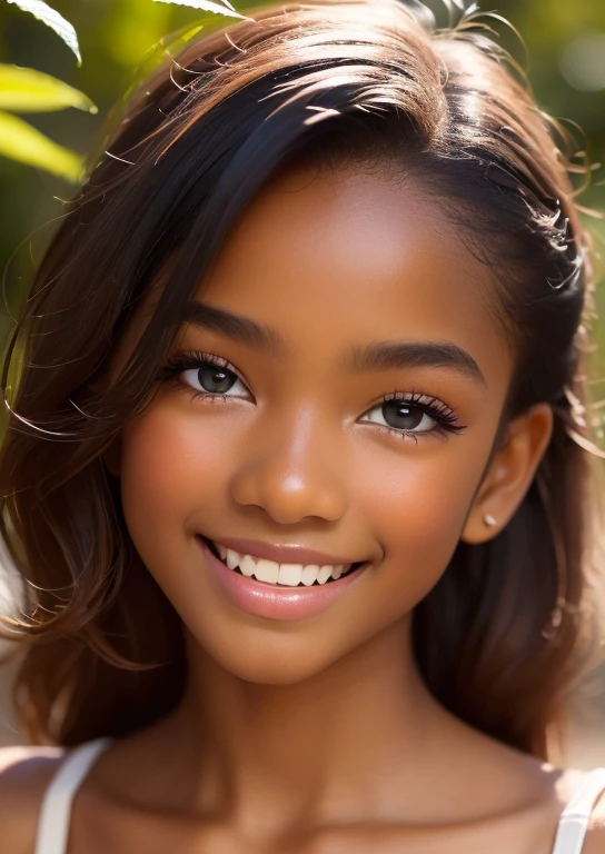 (portrait, editorial photograph) (beautiful black girl), adorable face, long brown curly hair, hazel eyes, by lee jeffries, nikon d850, film stock photograph ,4 kodak portra 400 ,camera f1.6 lens ,rich colors ,hyper realistic ,lifelike texture, dramatic lighting, (highly detailed face:1.4), perfect eyes, realistic iris, perfect teeth, (smile:0.7), (background dark, shadow of the leaves, moody, cleavage), sun rising, early morning light, Wishing for something, masterpiece, best quality, photorealistic, Citizen of Guinea-Bissau, very cute super model, perfect anatomy, skinny, ((1 girl)), (colorful reflections in the eye), (nudist), (smiling, white teeth), small nipples,(((( dark skin ))))