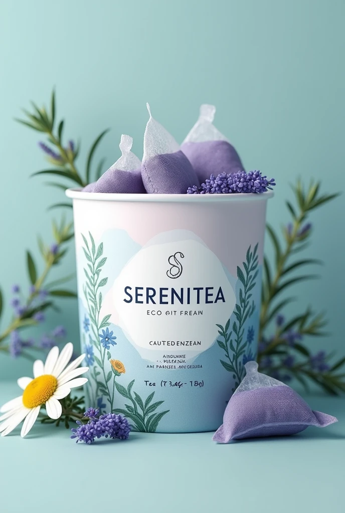 Create a detailed prototype and packaging design for SereniTea, a calming tea blend designed to promote relaxation and sleep, offered exclusively in biodegradable tea bags.
Tea Bag Packaging:
Focus on eco-friendly materials, using biodegradable components for the tea bags and their packaging.
Design the packaging with soothing colors such as soft blues, greens, and lavenders, creating a calming and tranquil aesthetic.
Incorporate imagery that represents the natural ingredients (chamomile, lavender, valerian root) to emphasize health, wellness, and the tea’s sleep-enhancing properties.
Ensure the packaging is modern and minimalistic, appealing to health-conscious, environmentally-aware consumers.
The design should evoke a sense of tranquility and well-being, making it clear that SereniTea is the perfect choice for a restful night's sleep.