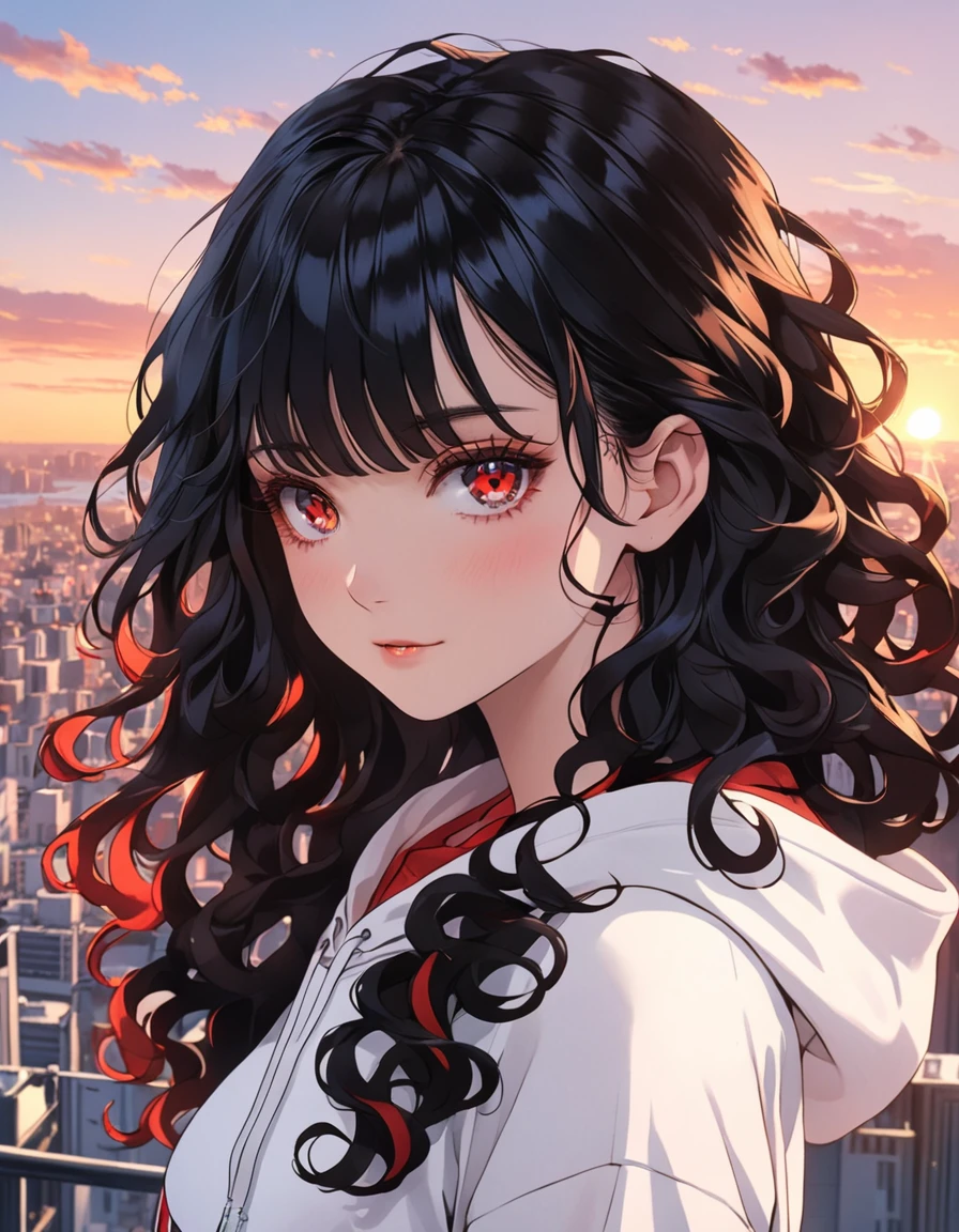 Girl with long curly black hair, Bright red eyes, white sweatshirt, city at sunset