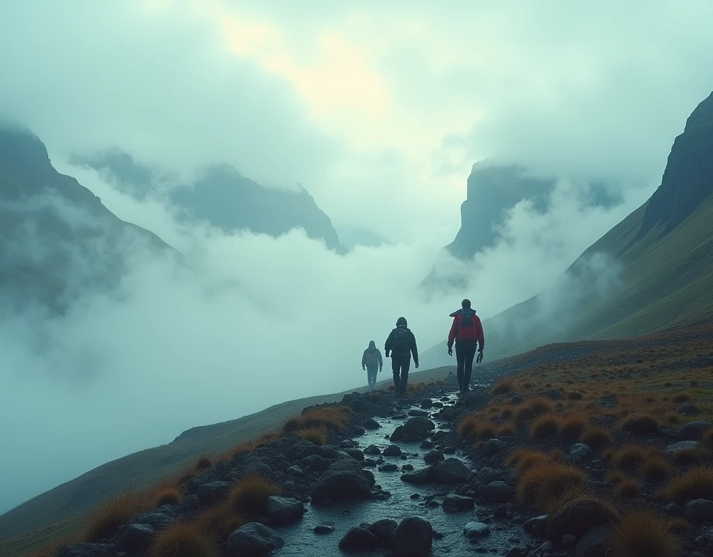 In the style of real movies，People walk on the hills，Sky with clouds in the background, Walking on the clouds and mist, Iceland photography, Combat and adventure photography, Max Reeve, Iceland, Unsplash contest winning photos, Cross the mountains, pexels contest winners, At sunrise, sci-fi of Iceland landscape, author：Anna Heifesch, Iceland landscape photography, Travelers from afar