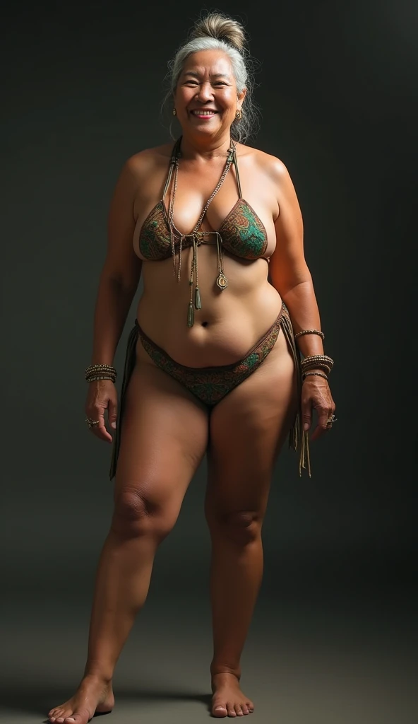 A realistic full-body photograph of a tall, mature Mayan shaman woman, around 6, standing confidently with a joyful expression. She has a very muscular, athletic body with well-defined muscles and sagging large breasts. Her hair is styled in a neat bun, and she has a very beautiful face with large, expressive eyes. She is wearing a tiny, tight string bikini and thong that are extremely small and tight for her body. She is barefoot. Their feet are clearly visible, and the excellent lighting enhances every detail of their physical characteristics, faces, and the interaction between them, creating a highly realistic image.