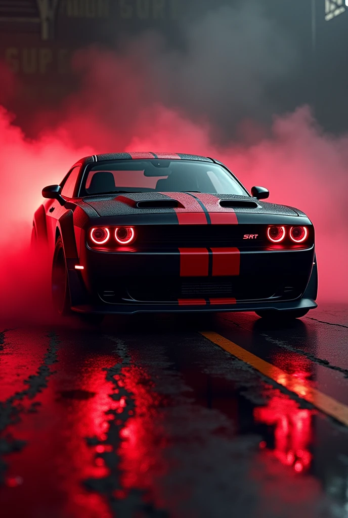 Dodge Challenger SRT hellcat red eye in black colour with red stripswith red light in the environment with and fume