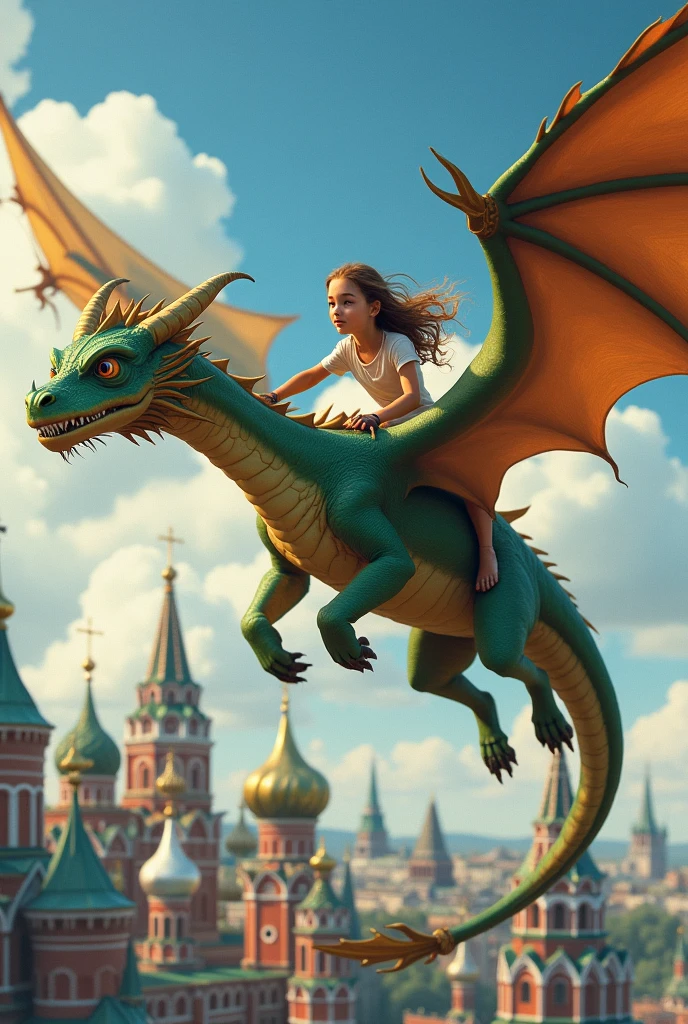 Generate a girl flying on a dragon over Moscow