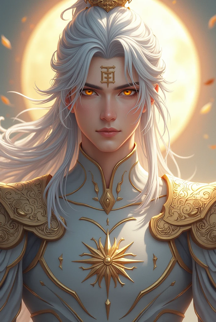 Handsome young xianxia protagonist,man,guy,long silver hair, golden amber eyes combination ,eyes focus detailed((no noice)),(((no noice))),and long silver hair with white undertone,and the golden rune motiv scratched on his forehead((no noice)),use armour featuring like pattern on furr of white Tiger chinese with white dominant color,pauldron protective shape like dragon head,breastplate featuring like white Tiger,breastplate detailed white Tiger shape,shoulder protective dragon shape like white Tiger,sun and moon background, white dominant color,white dominant color, white dominant color armour,with majestic silver line , ((no noice))And majestic golden wings at back,wings at back,terrifying aura around,24K ultra hd,face and eyes detail,lips and face detail,masterpiece ,better quality,ultraa realistic face((no noice)),good face proportion,eyes detailed,((perfect face)),perfect eyes ,perfect lips proportion((balance lips)),perfect face proportion,((balance proportion of face)),((balance and perfect left and right eyes proportion)),((masterpiece))
