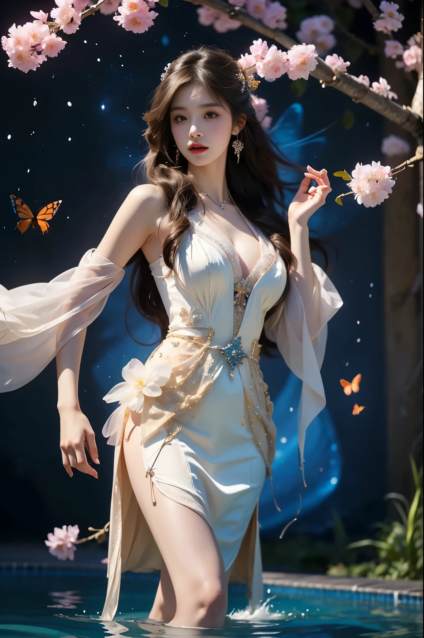 Beautiful dance, She gently lifted her skirt with one hand, Long legs , In the swimming pool, ((Flowing long hair))Official Art , Unity8k Wallpaper , Extremely detailed , Visible cleavage, Pretty and beautiful , 性感Long legs, masterpiece , best quality ,Practical, Very detailed illustrations ,Extremely detailed , Intricate details , Extremely complex and detailed , Very detailed 8KCG wallpaper , Caustics .reflection , Ray Tracing , Devil theme ,nebula ,Dark aura, Network Effects , (1 girl)solitary , 小蓝Butterfly , There are dozens of monarch butterflies around , (Blue plasma flame , (insect , Butterfly)) Pastel tones in Rococo style ,Light white and light dark red , Incredibly beautiful , Cherry blossoms , Surrealism ,painting , Ethereal , Mixing reality and fantasy elements ,Ray Tracing , Complex Mode , Exquisite lines , Perfect your hands, Starry Sky , rich and colorful , Star