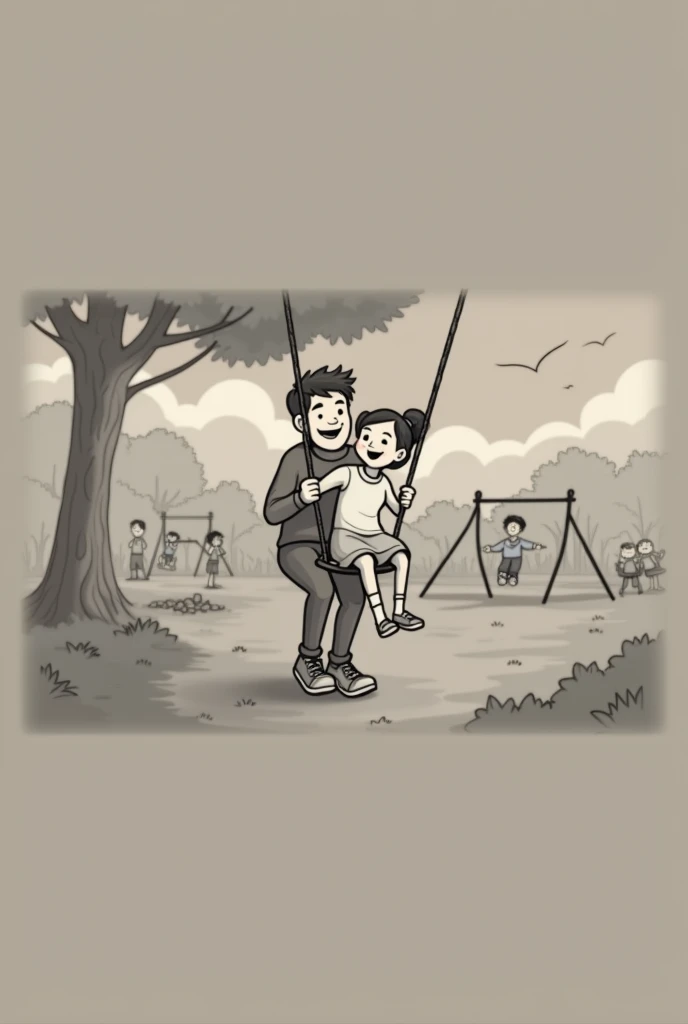 A man and a girl on a swing in a park,with lots of games and children. Coloring book page, black outline illustration, coloring pages, coloring - on sheet, outline coloring book, cartoon style illustration, book illustration . Far Perspective