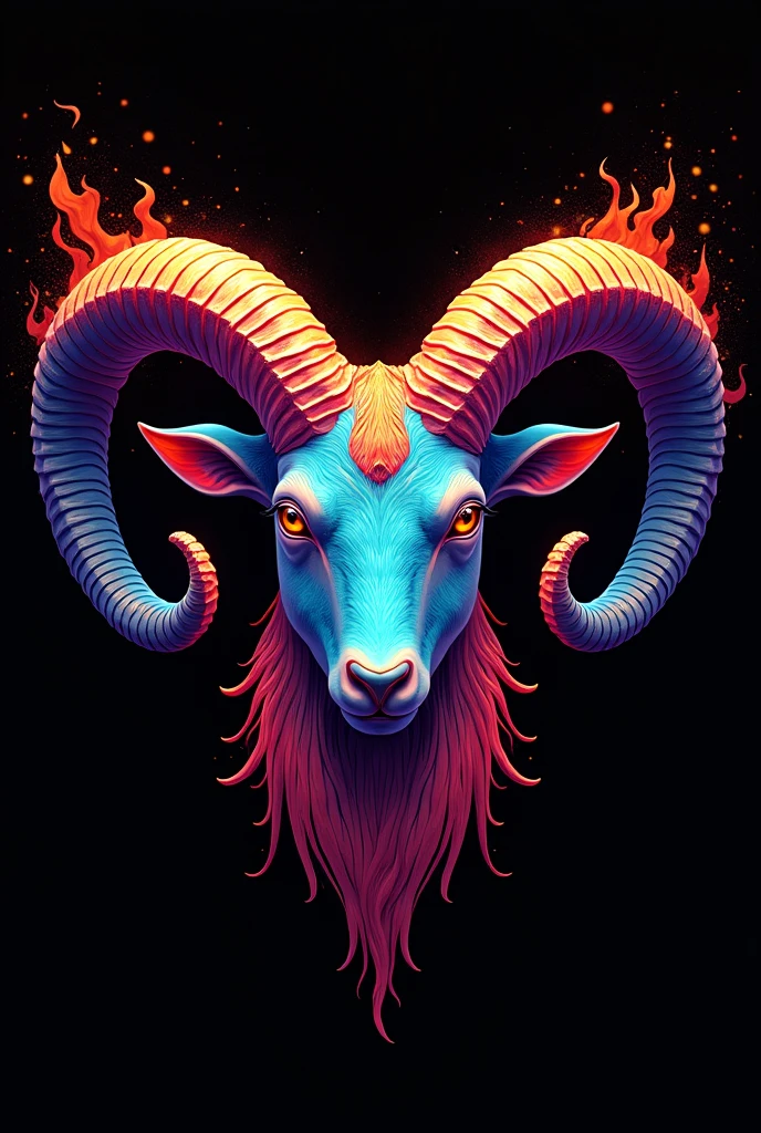 Create aries zodiac
face , bursting with vibrant colors and set against a transperent black background for a modern and eye-catching design