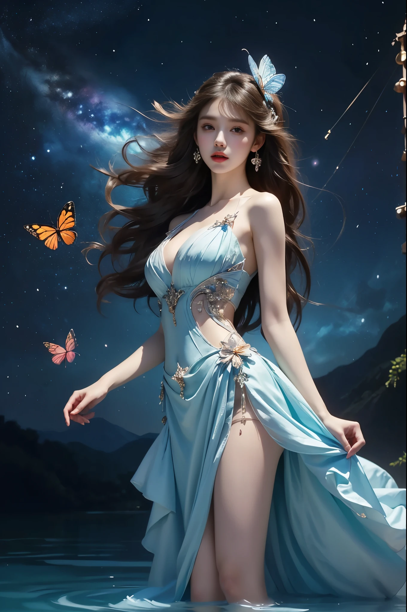 Beautiful dance, She gently lifted her skirt with one hand, Long legs , In the swimming pool, ((Flowing long hair))Official Art , Unity8k Wallpaper , Extremely detailed , Visible cleavage, Pretty and beautiful , 性感Long legs, masterpiece , best quality ,Practical, Very detailed illustrations ,Extremely detailed , Intricate details , Extremely complex and detailed , Very detailed 8KCG wallpaper , Caustics .reflection , Ray Tracing , Devil theme ,nebula ,Dark aura, Network Effects , (1 girl)solitary , 小蓝Butterfly , There are dozens of monarch butterflies around , (Blue plasma flame , (insect , Butterfly)) Pastel tones in Rococo style ,Light white and light dark red , Incredibly beautiful , Cherry blossoms , Surrealism ,painting , Ethereal , Mixing reality and fantasy elements ,Ray Tracing , Complex Mode , Exquisite lines , Perfect your hands, Starry Sky , rich and colorful , Star