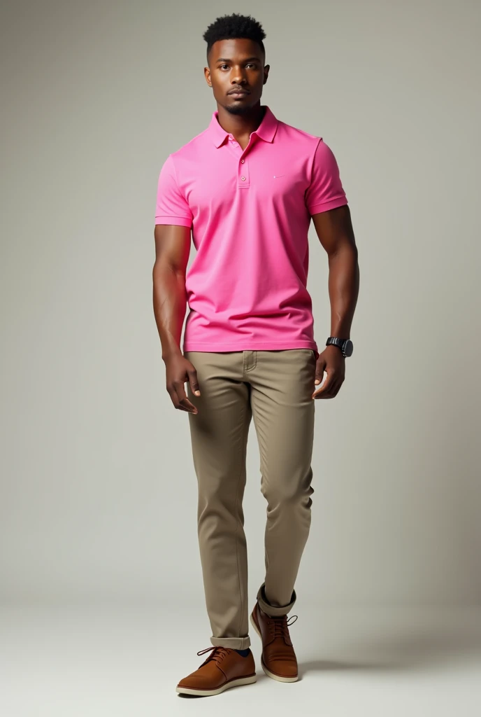 A man with a pink collar polo shirt and and brown leather casual shoes with white soles