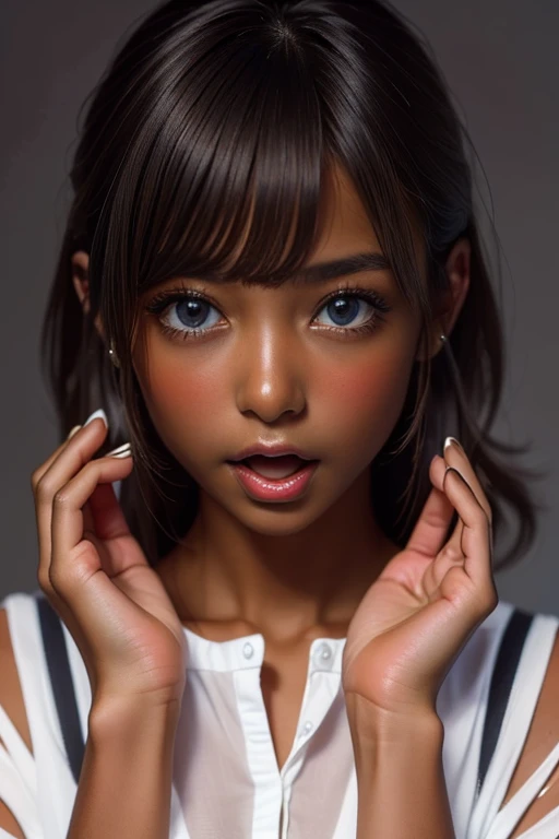 one girl, (((Open your mouth)))、Put your hand over your mouth、Beautiful breasts、 Brown eyes, ((Gal Hairstyles)) blonde, girl, (Eye and facial details:1.0), break, (masterpiece, Highest quality, Very detailed, Detailed face, 8k),( dark skin:1.95 )
