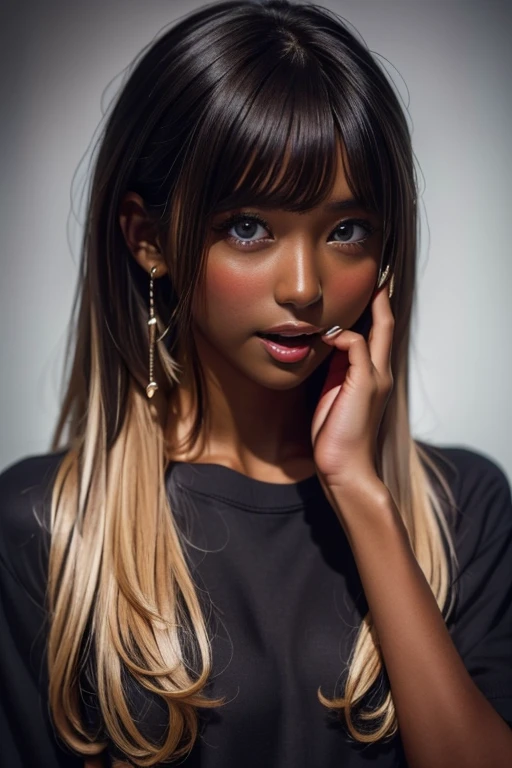 one girl, (((Open your mouth)))、Put your hand over your mouth、Beautiful breasts、 Brown eyes, ((Gal Hairstyles)) blonde, girl, (Eye and facial details:1.0), break, (masterpiece, Highest quality, Very detailed, Detailed face, 8k),( dark skin:1.95 )