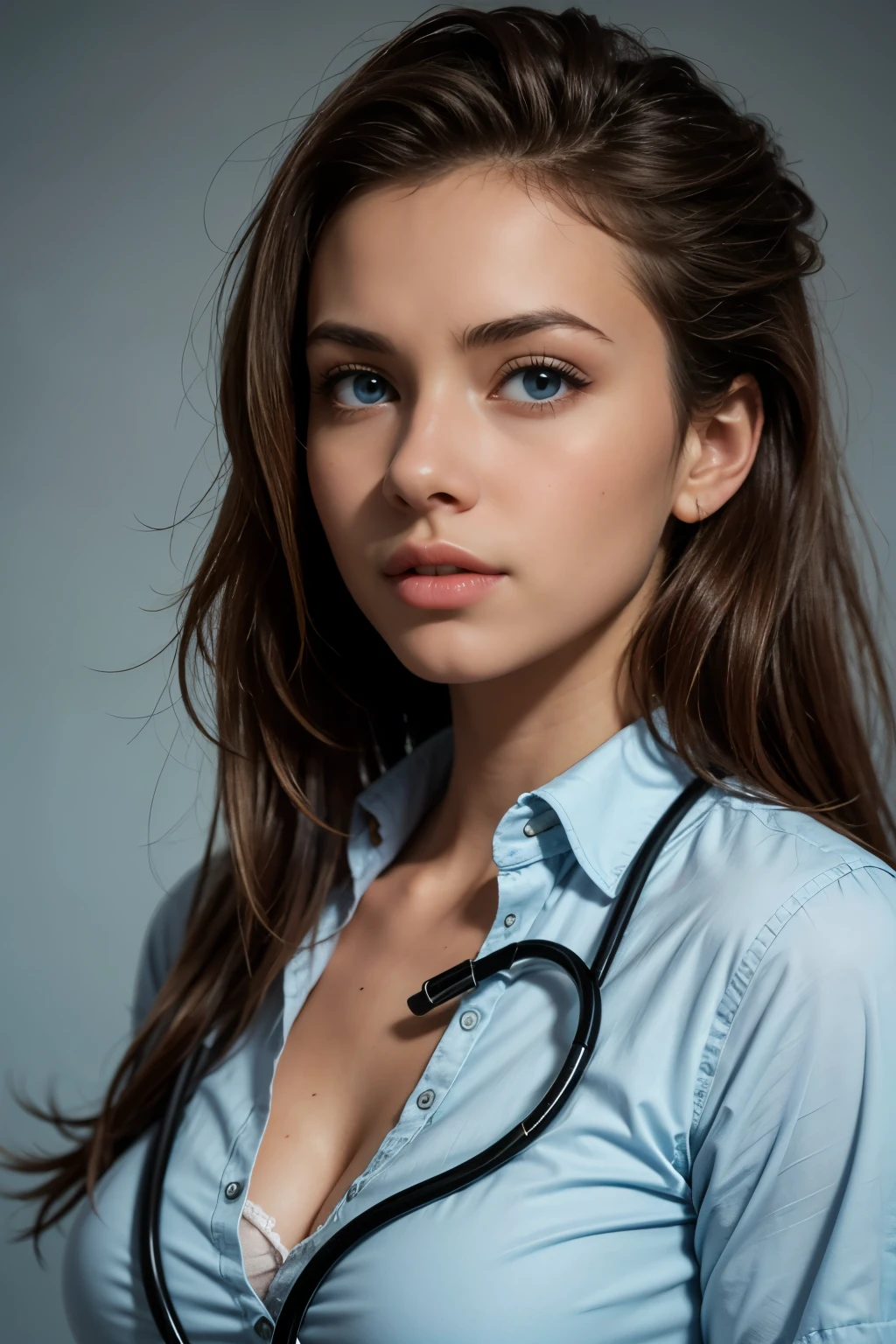 (HD photo:1.4), best quality, professional portrait, ultra detailed, 8k,  pretty 1 girl, cute, perfect skin, (long dark hair), detailed eyes, large breasts, cleavage, (wearing light blue shirt:1.3),  stethoscope, latex gloves 
