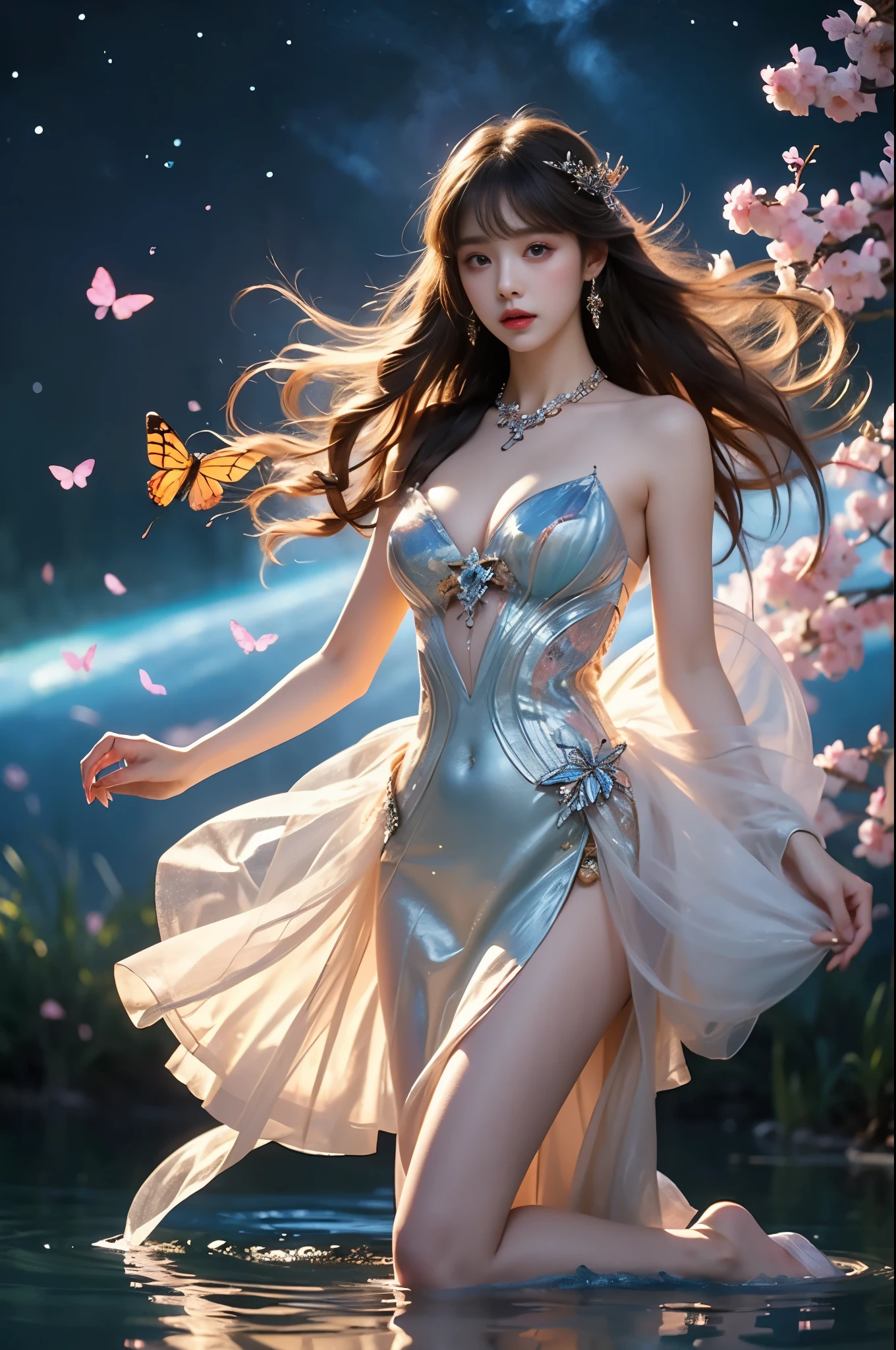 Beautiful dance, She gently lifted her skirt with one hand, Long legs , In the swimming pool, ((Flowing long hair))Official Art , Unity8k Wallpaper , Extremely detailed , Visible cleavage, Pretty and beautiful , 性感Long legs, masterpiece , best quality ,Practical, Very detailed illustrations ,Extremely detailed , Intricate details , Extremely complex and detailed , Very detailed 8KCG wallpaper , Caustics .reflection , Ray Tracing , Devil theme ,nebula ,Dark aura, Network Effects , (1 girl)solitary , 小蓝Butterfly , There are dozens of monarch butterflies around , (Blue plasma flame , (insect , Butterfly)) Pastel tones in Rococo style ,Light white and light dark red , Incredibly beautiful , Cherry blossoms , Surrealism ,painting , Ethereal , Mixing reality and fantasy elements ,Ray Tracing , Complex Mode , Exquisite lines , Perfect your hands, Starry Sky , rich and colorful , Star