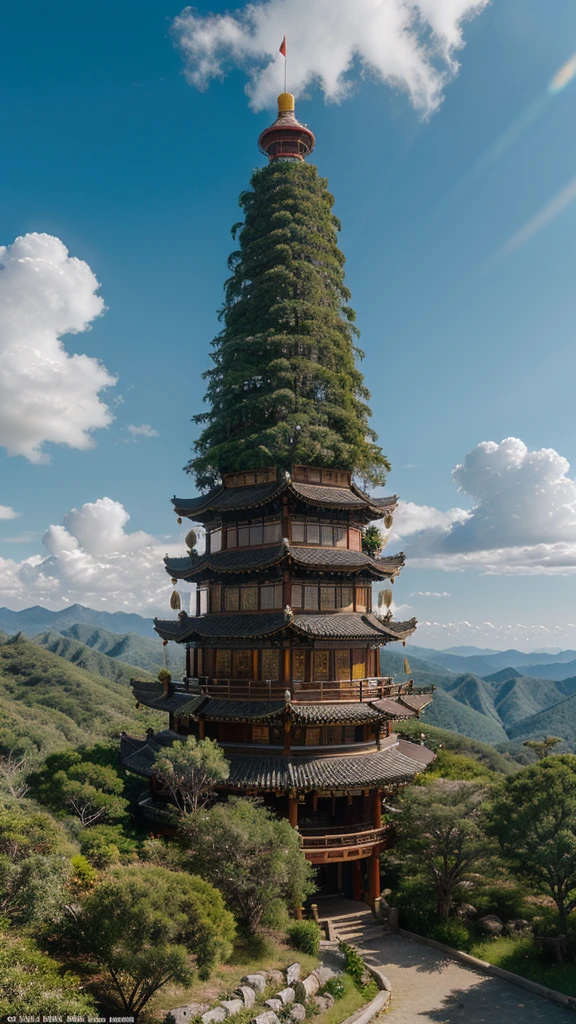A majestic Chinese-style building, perched on high mountains, surrounded by dense trees, clouds, flying cranes, and flying waterfalls. Overhead Angle