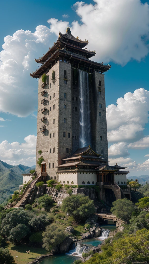 A majestic Chinese-style building, perched on high mountains, surrounded by dense trees, clouds, flying cranes, and flying waterfalls. Overhead Angle