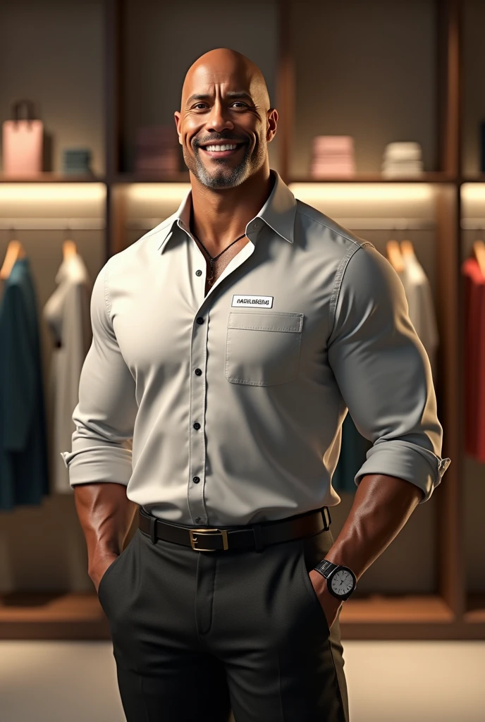The Rock habille en vendeur devant un
dressing