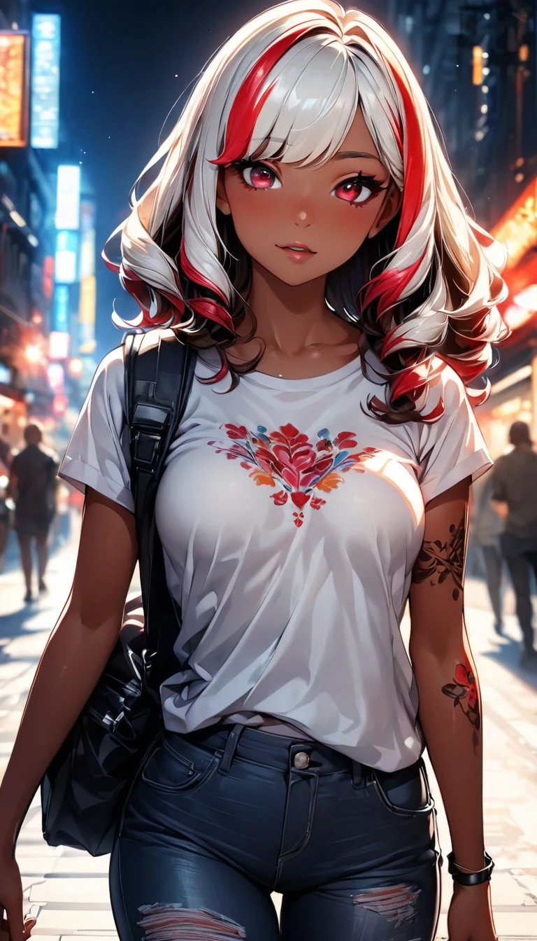 (highest quality:1.2, Very detailed, up to date, Vibrant, Ultra-high resolution, High Contrast, masterpiece:1.2, highest quality, Best aesthetics), Portraiture、girl、singer, solo, ((25-years-old:1)), Bright colors, Beautiful fine details、Beautiful lip detail、medium wave hair、red and white ((streaked hair:1.6)), highlights hair: 1.5, red eyes, slim body, medium breast, (tan skin:1.1), (Floral Fineline tattoo design on left arm:1), (Walking down the busy street at night:1), sparkling city lights, daypack on left shoulder, t-shirt, jeans short, long boots, cowboy shot