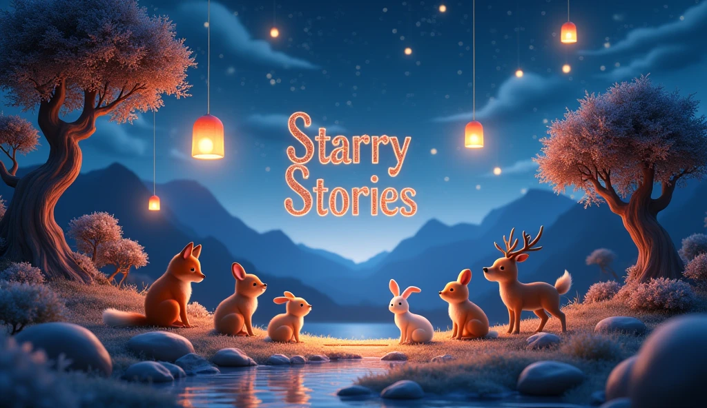 Banner for YouTube channel
A 3D render of a mesmerizing and enchanting illustration by Gildas Lakoussa. The illustration is of a starry night sky with floating lanterns. There are various animals sitting under the trees, including a fox, a rabbit, a squirrel, and a deer. The text "Starry Stories" is written in glittery, 3D text. The background is a serene landscape with mountains, trees, and a river. The overall scene has a warm and pleasant association with a wonderful childhood.