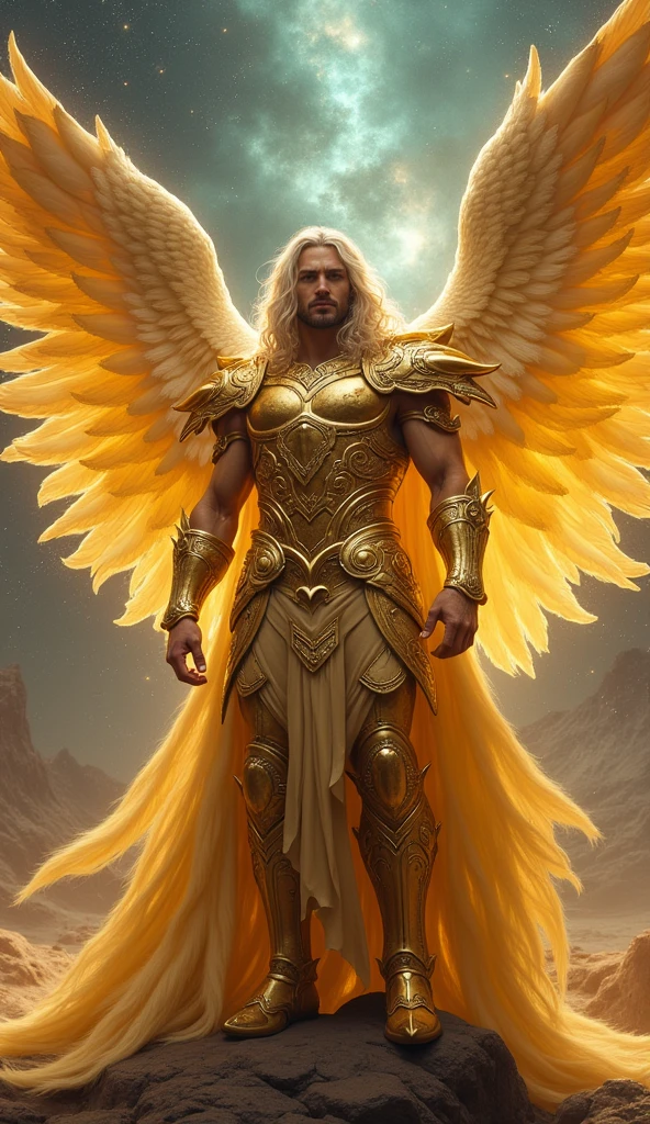 A highly detailed and realistic photograph of a majestic male figure resembling Madin from fantasy. This being is adorned with intricate golden armor, featuring elaborate designs and a shimmering finish. The figure boasts grand, ethereal wings and a powerful, regal stance. His visage is strong and commanding, with a chiseled jawline and intense gaze. Flowing, long hair cascades down his back, adding to his majestic presence. The background is a dramatic, mystical landscape with a cosmic feel, including starry skies and swirling nebulas. The scene is illuminated by a dramatic light source, casting a celestial glow on the figure. The photograph captures the grandeur and divine aura of the character, blending fantasy elements with photorealistic details. The setting enhances the otherworldly atmosphere, with high-resolution, crisp details, and dynamic lighting. The mood is awe-inspiring and majestic, emphasizing the character’s divine and mythical essence.