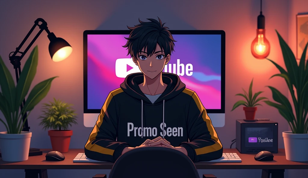 Create a image of "A 25 years anime man, sitting in front of a computer desk with a microphone and laptop, wearing black and YALLOW hoodie with the Channel Name on it "PROMOSEEN".The background includes a large YouTube logo on the wall with channel name "Promo Seen", potted plants on either side, and various recording equipment.eye contact on camera.