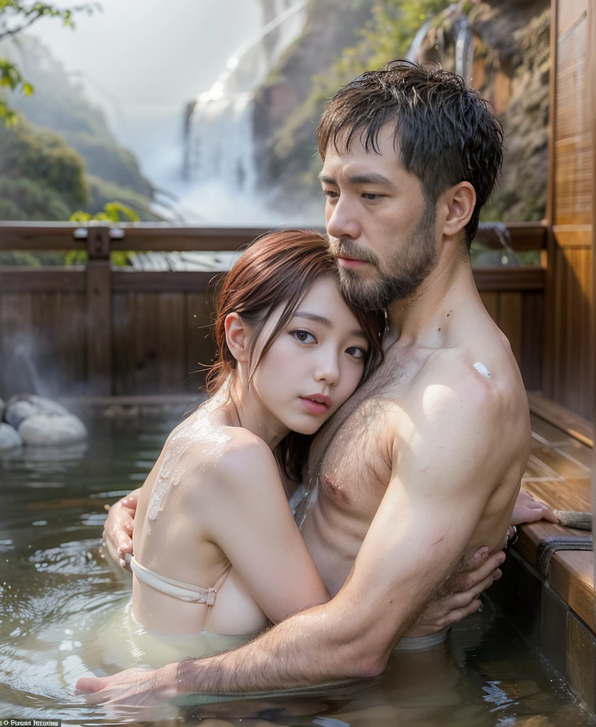 RAW, photorealistic, wide angle, facing forward,  nude portrait of ((2people, a man and a woman, couple):1.5), a man is a ((japanese very old man, long white beard, skinny body, wearing nothing):1.35), BREAK, a woman is a ((young naked geisha:1.3) exposed her sagging breasts, slim body with sexy posture, (short red hair:1.3), detailed face with seductive expression), BREAK, they hug up each other, while they are (((lying and soaking in the foggy onsen, outdoor, waterfall background):1.35)), intimate ambient, she looks enjoy it with droopy eyes, a bit opened her sensual lips, extremely detailed face, photon mapping, natural daylighting, romantic ambient, foggy atmosphere, calm colors tones, in frame