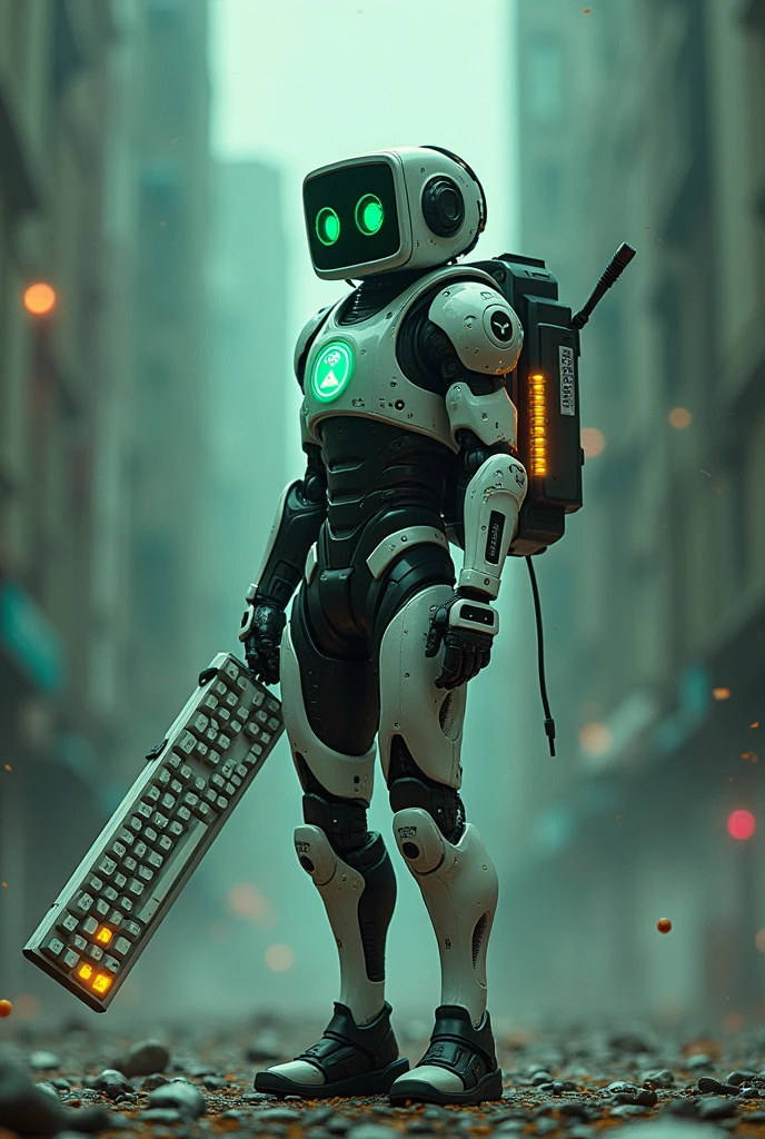 Man wear cyberpunk robocop armor suit white keyboard PC concept. Helmet like PC monitor.. Long mechanize Sword from classic white keyboard. Keyboard pad design as sword. Binoculars eyes.keyboard on chest. Big turn off button logo on chest glowing green ,. Holding keyboard sword. War background. Bombing effect background. Backpack PC keyboard. Standing on the motherboard green circuit.. city motherboard background. In digital dimensions. glowing green on circuit .