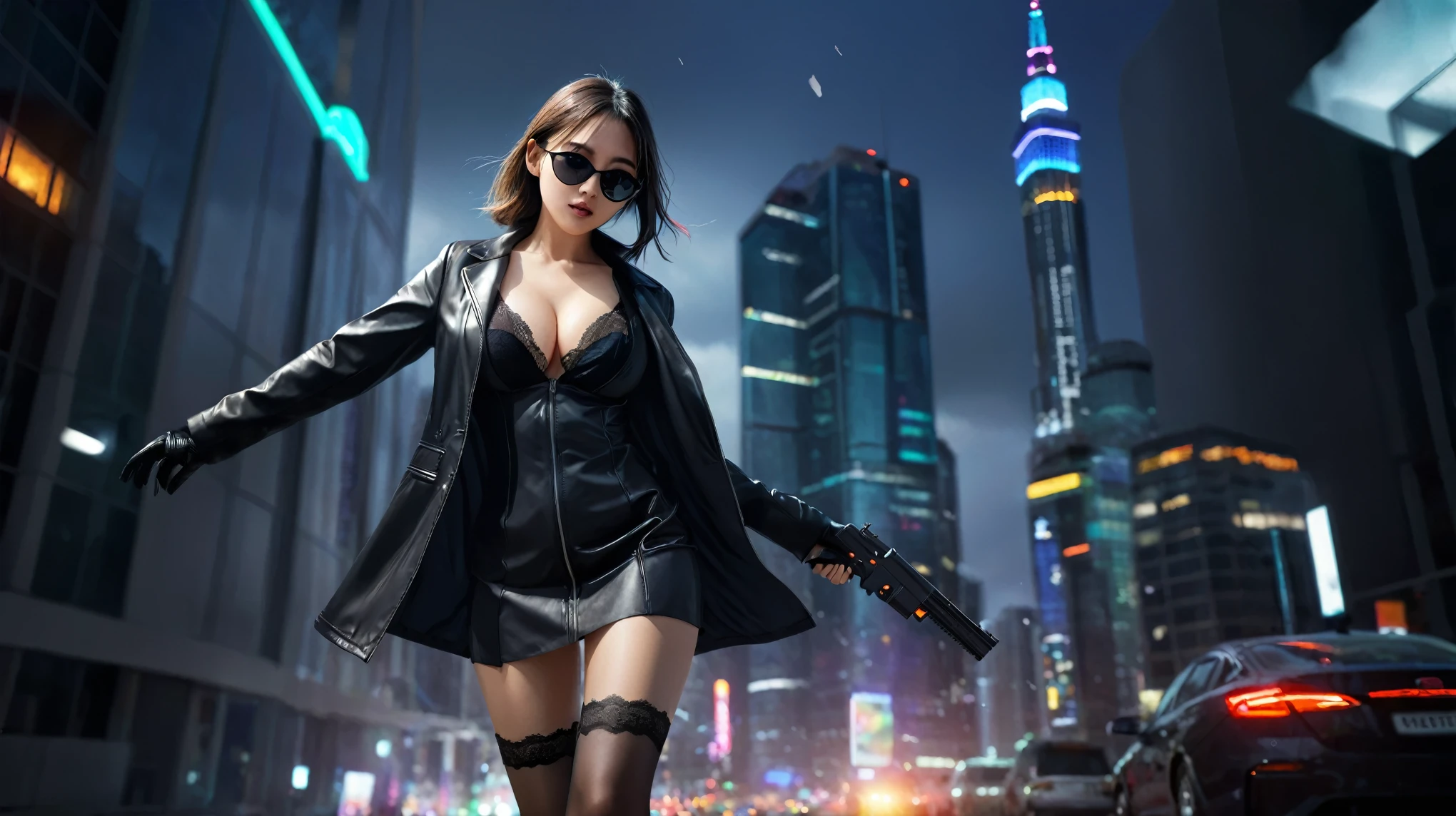 Futuristic cityscapes with colorful all-glass skyscrapers, glowing clock tower, flying vehicle, helicopter, lightning. High-resolution OLED GUI interfaces in the building, The windows are filled with transparent data visualization infographics that show it all, from weather patterns to traffic flow. Colors are saturated and vibrant. At night, (1girl, solo, alone), photorealistic, medium- slim:0.6 body, oval:0.5 face, cleavasexy black lacbra, glove, deep-V, (very low angle view of miniskirt), white laced panty, coat, (Mattyle black micro sunglasses), ((aiming viewer with a short gun)), (slightly leaning forward running pose), (half-body thigh level close-up shot), cinematic lighting, ray tracing.