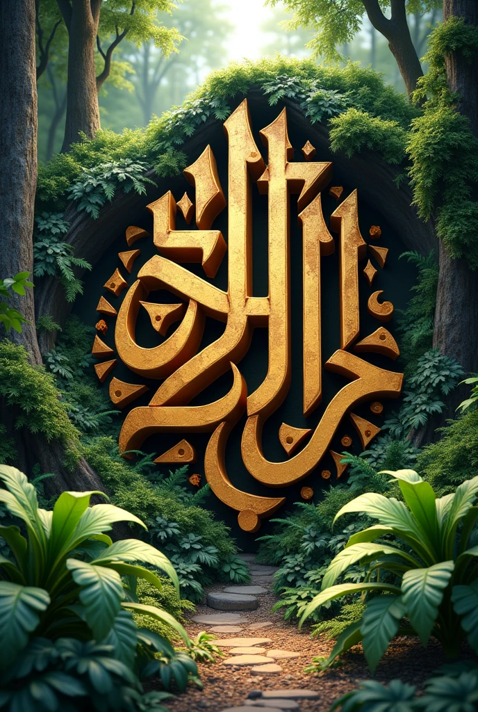 Create 3D writing containing "Al Laith" with a forest, natural, natural theme and a lion