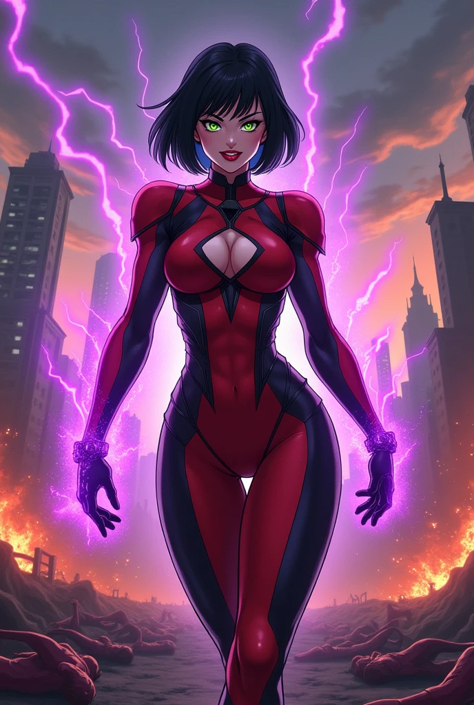 An anime style action pose of a Beautiful evil supervillain woman with short black  hair in a bob, green eyes filled with confidence, and red lips, a sadistic grin across her face.  She is wearing a high tech suit of red and black power armor and radiating purple energy. Destroying, Evil wins, burning city, lots of bodies litter the ground.