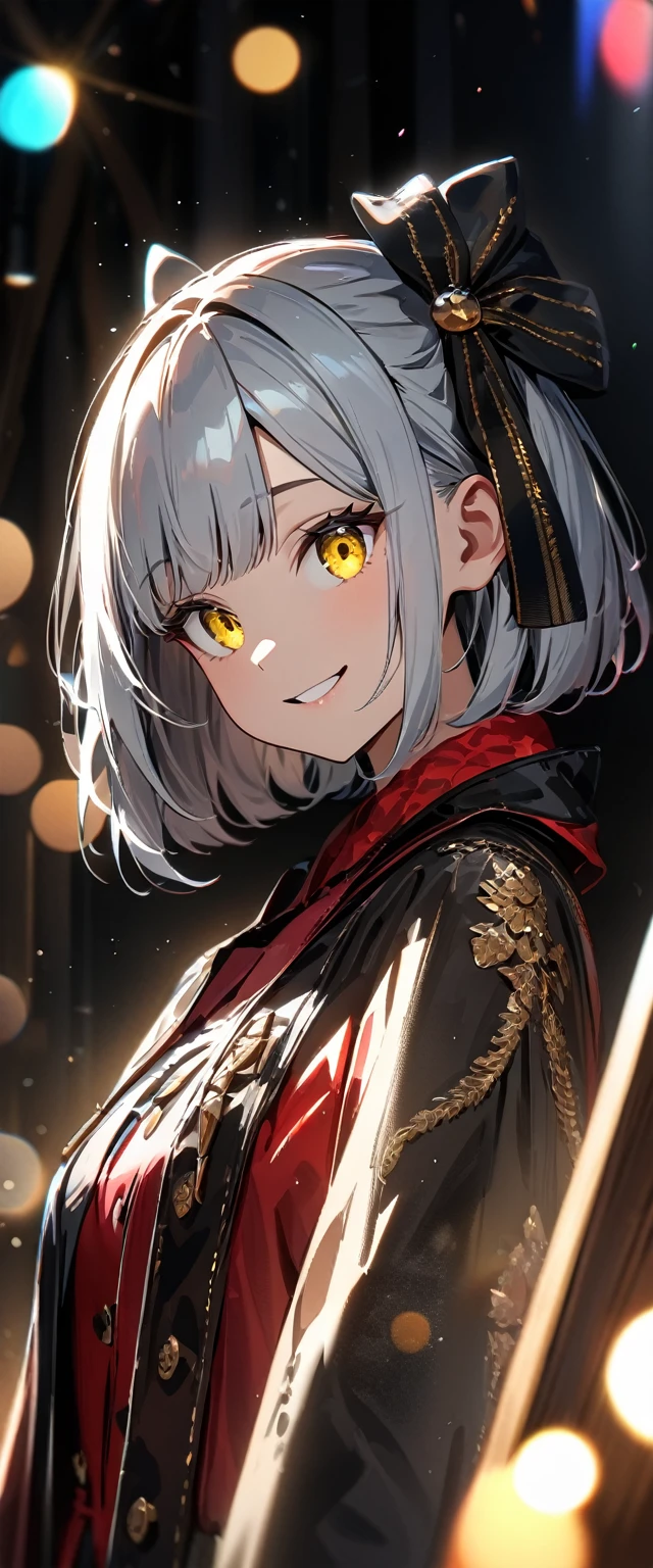 (((One girl))), Shibuya, silver hair, bob cut, (looking at viewer), upper body, breasts, teenager, head tilt:1.3, (((yellow eye))), constricted pupils, (from side:1.3), ((happy smile)), gothic lolita:1.3, hair ornament, hair ribbon, anime style, (best quality, 4k, 8k, highres, masterpiece:1.2, ultra-detailed, ultra-detailed eyes, HDR, UHD, studio lighting, ultra-fine painting, sharp focus, physically-based rendering, extreme detail description, professional, vivid colors, bokeh)