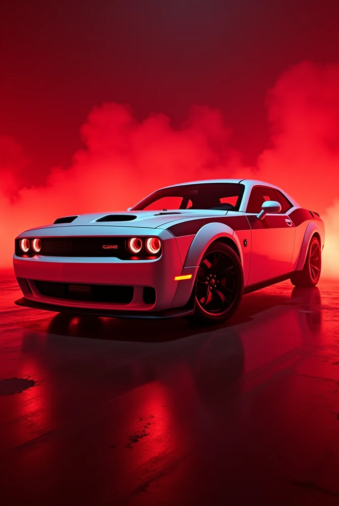 Dodge Challenger SRT hellcat red eye in white colour with red strips with red light in the environment with and fume