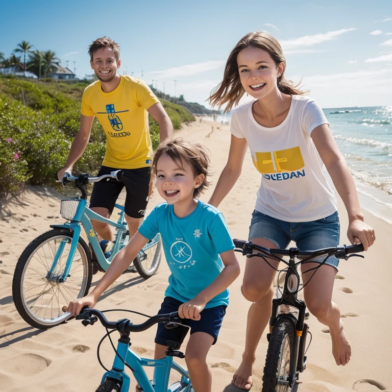 Very happy sweden young family with kids, happy to go for a bike'ride, along the beach, in colorful t-shirt, on a hot summer day after swimming.