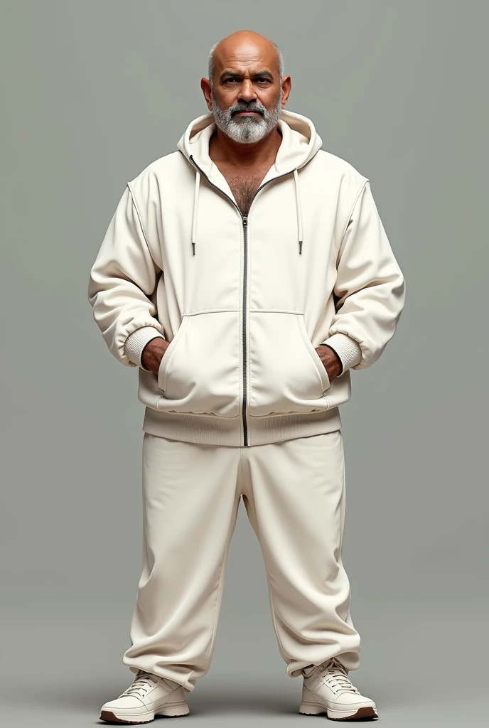 An indian origin man, 45, no beard, bulky, wearing a loose white track suit