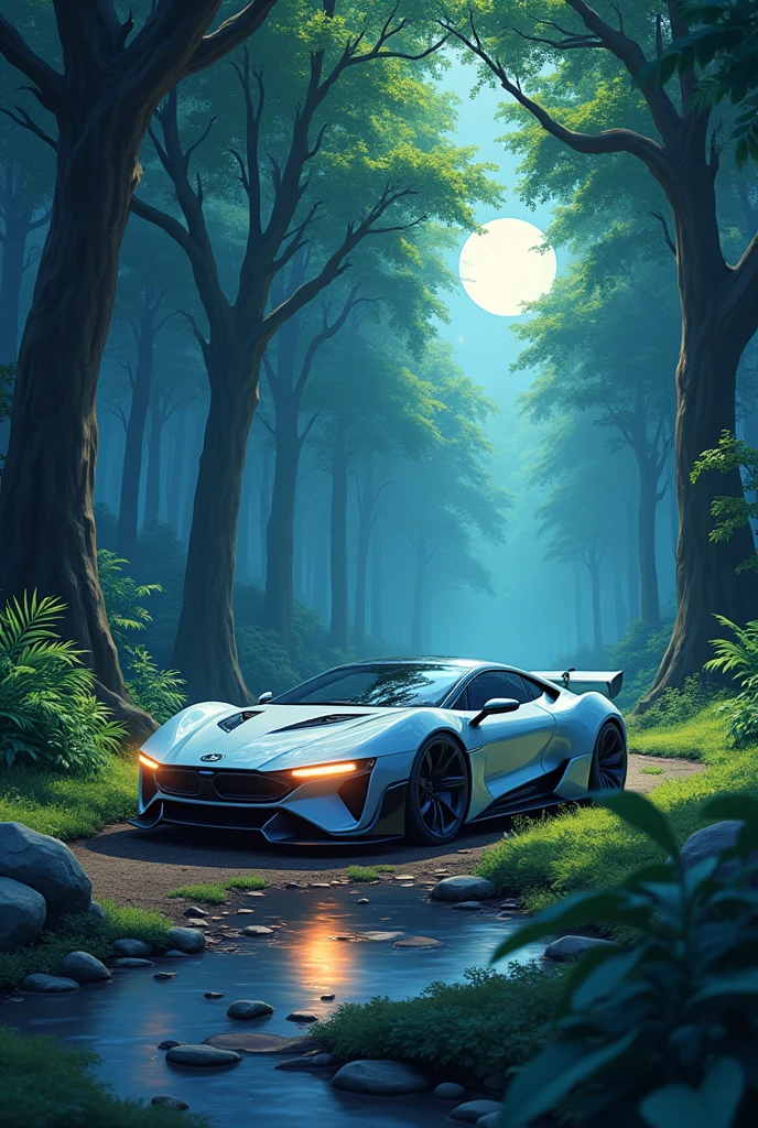 Viral anime car wallpaper in 4K quality, in the style of digital illustration inspired by Hayao Miyazaki, featuring a serene forest with towering ancient trees, dappled moonlight filtering through the car, a gentle stream flowing through the scene, and mystical creatures peeking from behind the foliage; vibrant and warm color temperature, cosmos lighting with stars twinkling in the sky, no human characters, the atmosphere is tranquil and enchanting