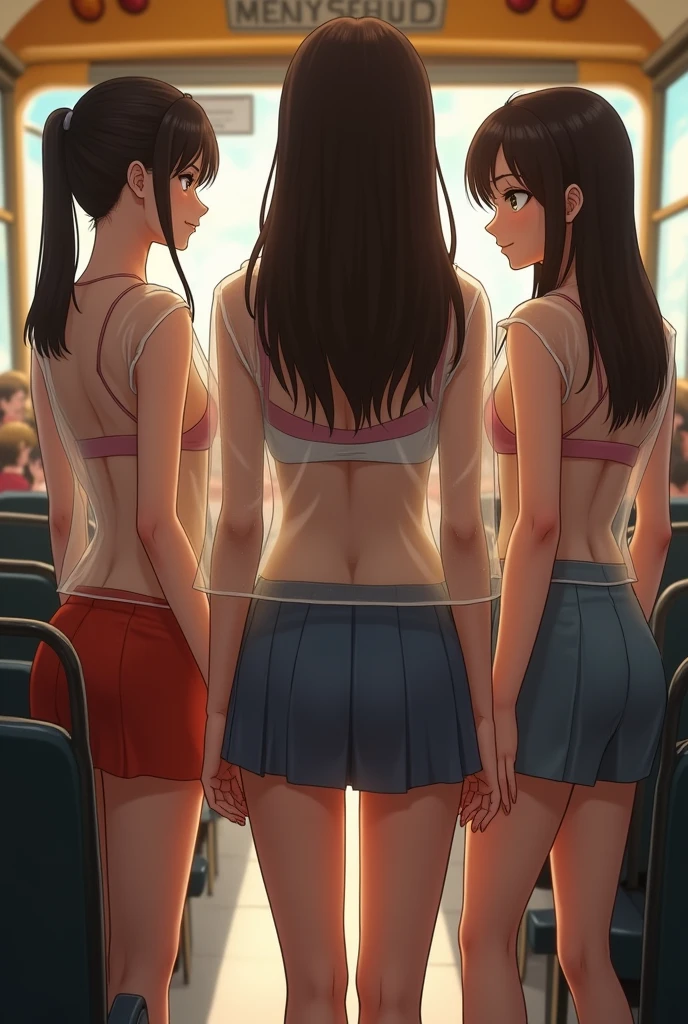 Many young girls in a school bus wearing a short skirt and a short shirt with the top button open and the shirt being transparent which shows the flowery bra worn inside, and a teacher is standing who is wearing a tight inner dress, Big round breasts and ass of all the girls and teachers are visible