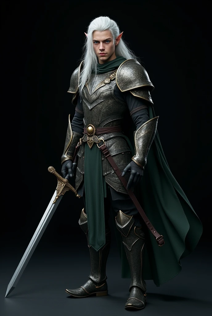Male Elf Warrior, blue eyes and white hair; young looking. full body with a sword in hand; Black background