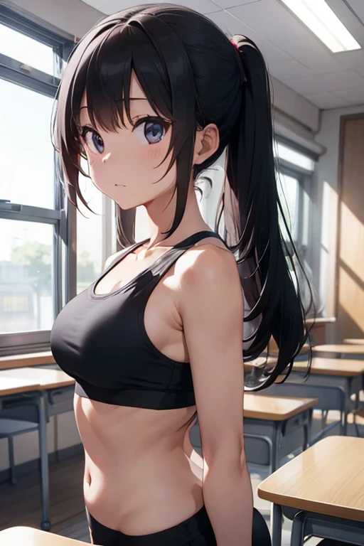 (masterpiece), anime, Best quality, good anatomy, one girl, (on your knees), white eyes, Big breasts, realistic face, gloomy face, Looking down, dark hair, naked, nipples, black pants, tall legs, beautiful legs, gym, Reflectors, 8K masterpiece, super detail, film movie, best quality, best ditails, detailed face, detailed eyes, camera from bellow