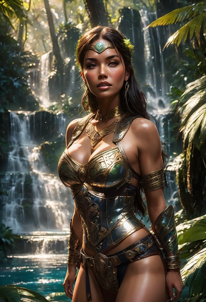 (fantasy style), beautiful female amazon warrior, adorned in revealing ornate intricately designed leather armor and arm guards, thigh straps, high tight boots, poised and dynamic, wielding a gleaming spear, sprinting through a lush, vibrant rainforest jungle valley bursting with color, wildlife and waterfalls, dappled sunlight filtering through the dense foliage, high contrast lighting, thrilling ambiance, ultra-detailed, full body, life size, perfect anatomy, detailed skin texture, full HD, 4K, HDR, depth of field