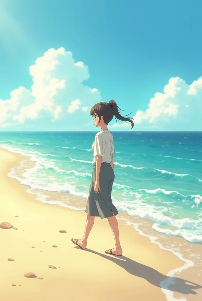 Draw a animated scene in landscape
The morning light is shining on the waves of the sea. Hana, a thoughtful high school girl, is walking on the beach, listening to the sound of the waves.