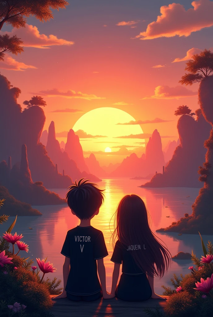 A boy with a black shirt and on his back it says Victor V, and a girl with long hair wearing a black shirt and on the back it says Jaqueline L, watching the sunset in a magical place 